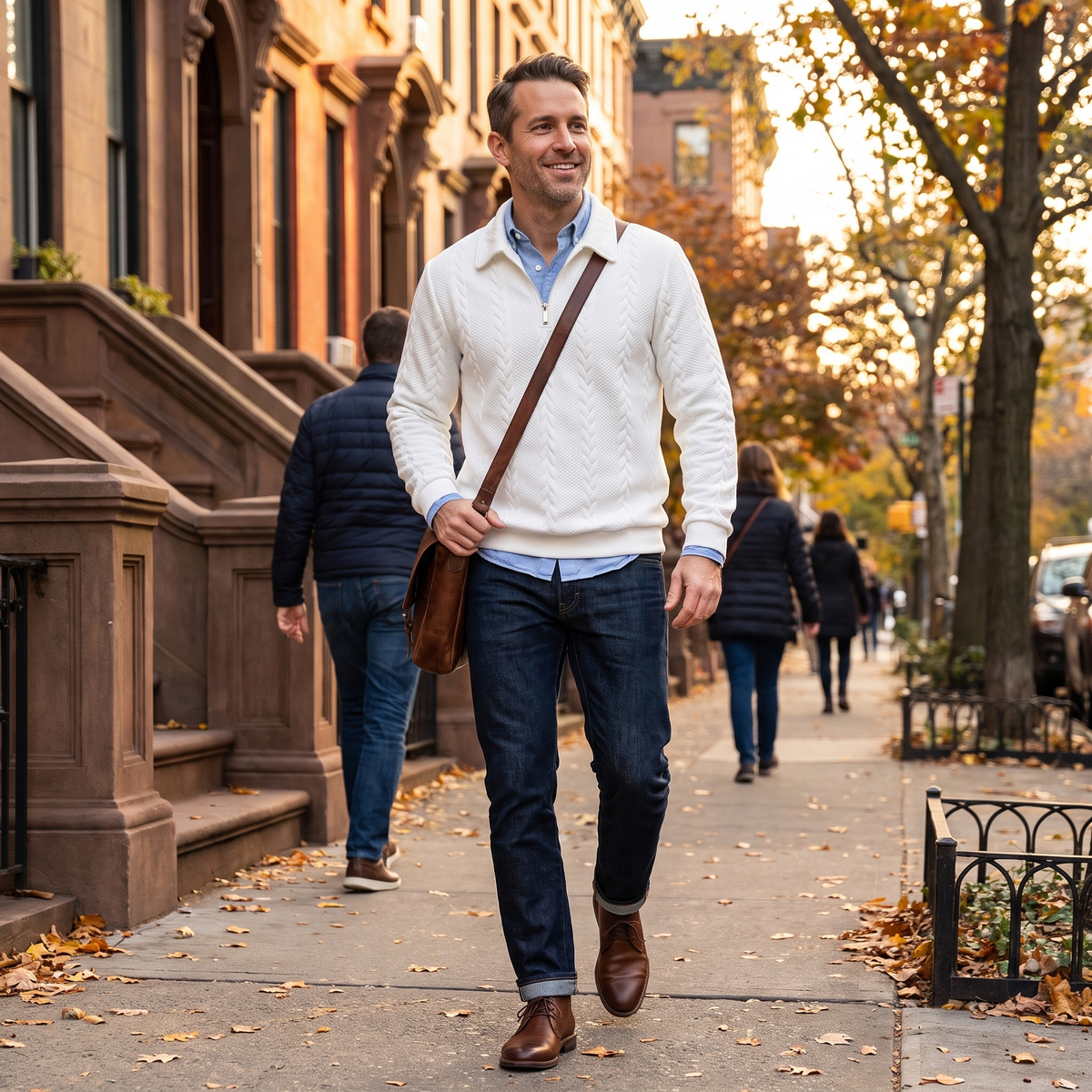 Mens quarter zip sweater in White, worn with jeans on a city street