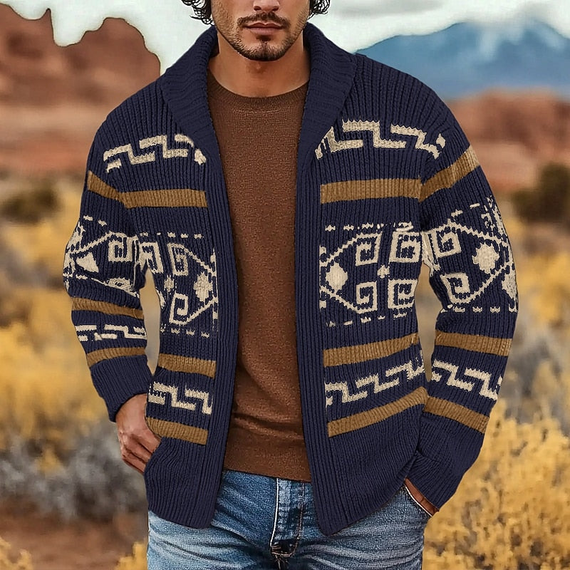 Navy nordic Patterned Cardigan for Men