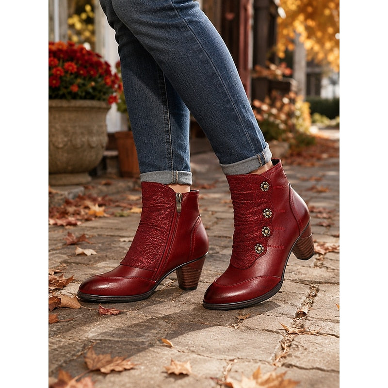 Womens ankle boots in Burgundy, worn with jeans