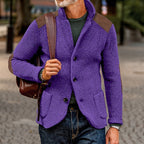 Mens cardigan with stand collar and shoulder patches, shown in purple
