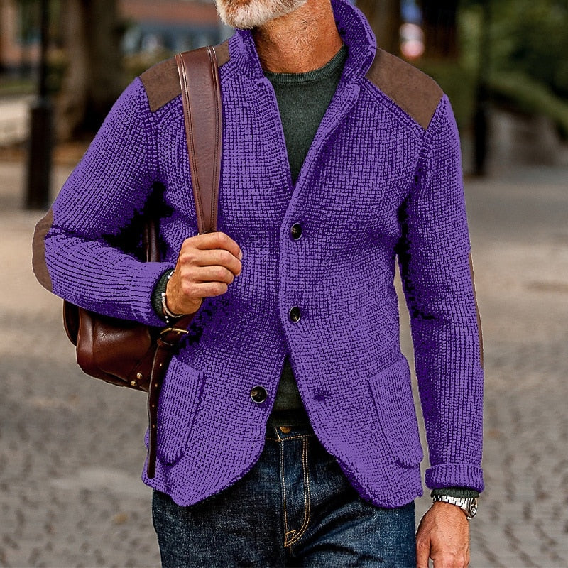 Mens cardigan with stand collar and shoulder patches, shown in purple