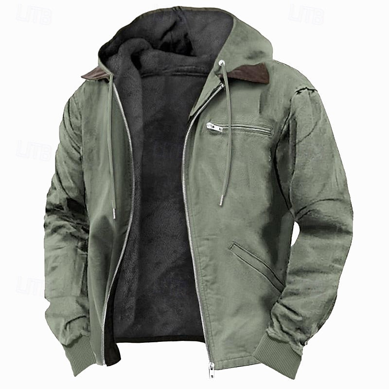 Mens fleece lined work jacket in Green, front view, open over the fleece lining