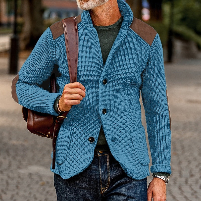 Mens cardigan with stand collar and shoulder patches, shown in sky blue