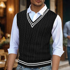 Black cable knit sweater vest for men with v neck