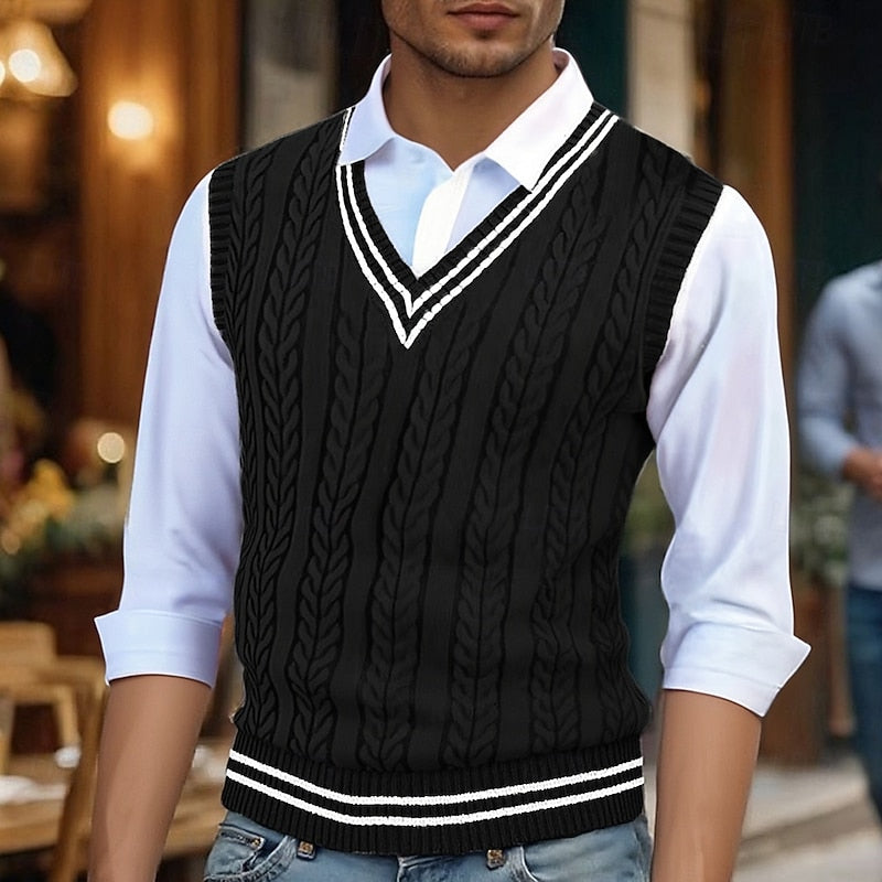 Black cable knit sweater vest for men with v neck
