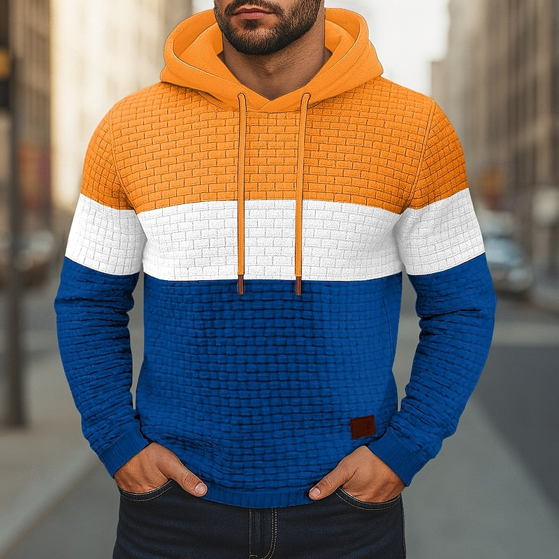Mens color block hoodie in Orange with a white band and blue body