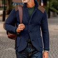 Mens cardigan in Navy with stand collar and contrast shoulder patches