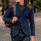 Mens cardigan in Navy with stand collar and contrast shoulder patches