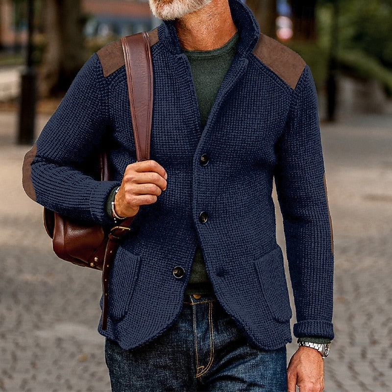 Mens cardigan in Navy with stand collar and contrast shoulder patches