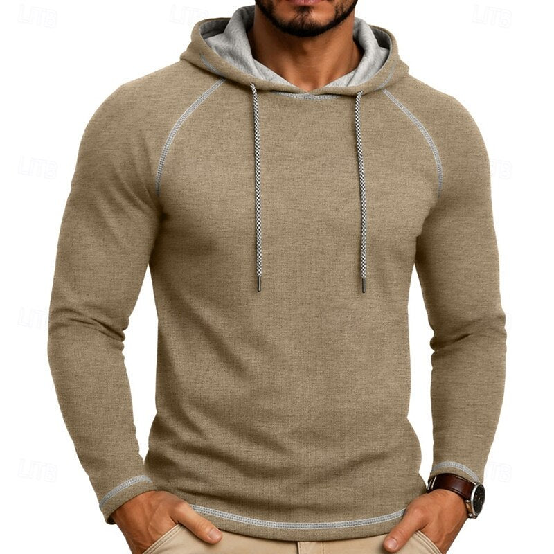 Mens pullover hoodie in Khaki with contrast stitching, worn