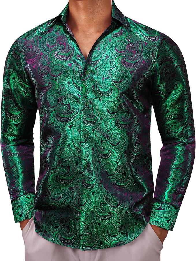 Green paisley dress shirt for men in high sheen satin