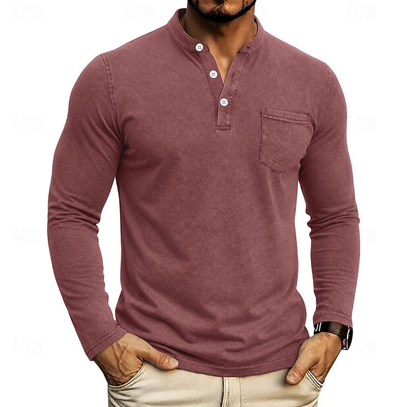Chest Pocket Henley Shirt for Men in Burgundy