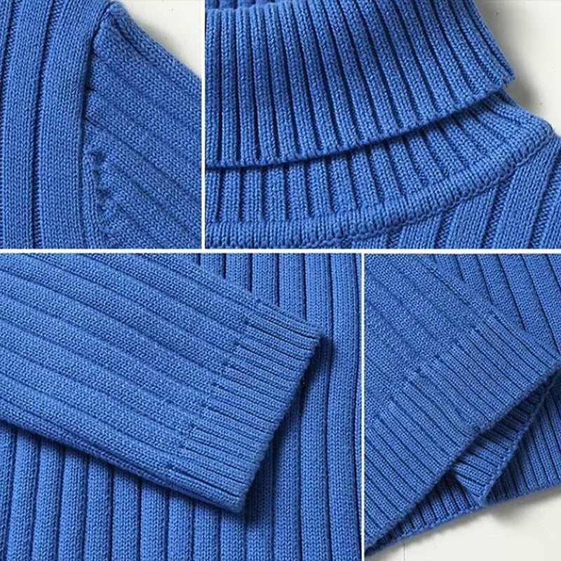 Mens turtleneck sweater in Blue, close-ups of neck, cuff and ribs