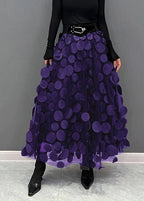 Womens tulle skirt with raised polka dots in Purple, midi length, front view