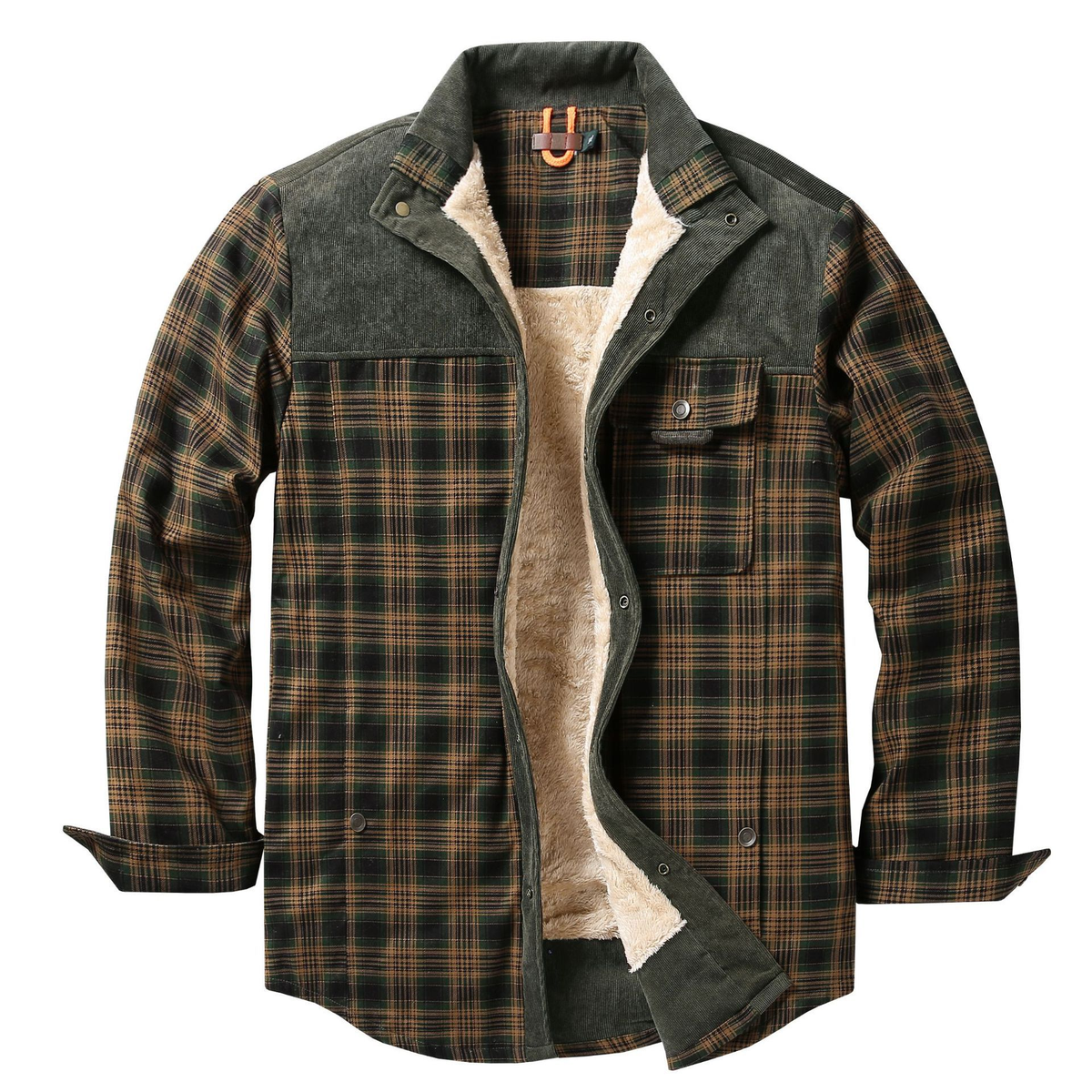 Mens plaid shirt jacket in Olive Tan Plaid, open front with green corduroy panel