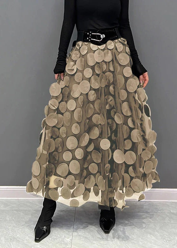 Womens tulle skirt with raised polka dots in Khaki, midi length, front view