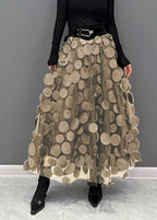 Womens tulle skirt with raised polka dots in Khaki, midi length, front view
