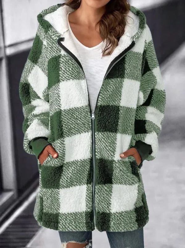 Womens plaid fleece jacket with hood in Light Green, full zip, worn open over a white tee