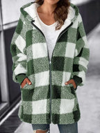 Womens plaid fleece jacket with hood in Light Green, full zip, worn open over a white tee