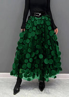 Womens tulle skirt with raised polka dots in Dark Green, midi length, front view