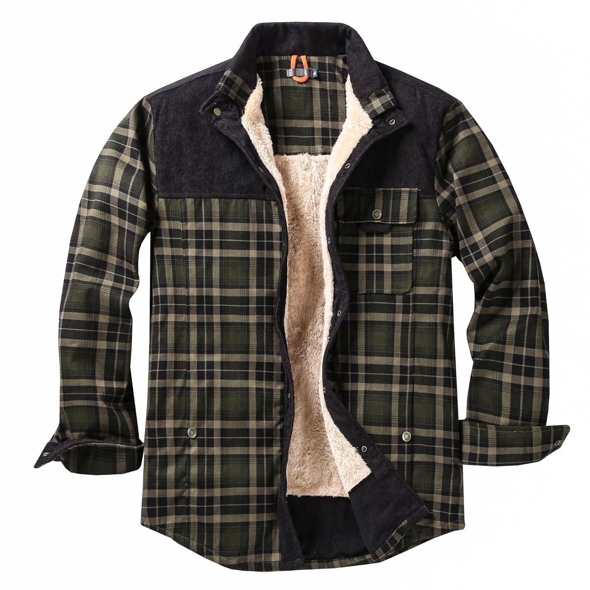 Mens plaid shirt jacket in Navy Olive Plaid, open front with navy corduroy panel