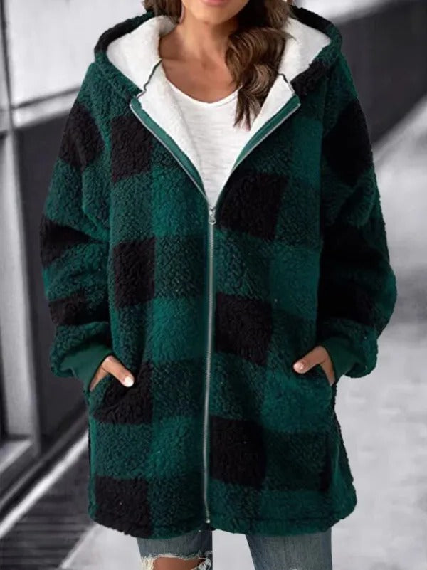 Womens plaid fleece jacket with hood in Green, full zip, worn open over a white tee
