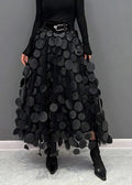 Womens tulle skirt with raised polka dots in Black, midi length, front view