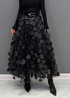 Womens tulle skirt with raised polka dots in Black, midi length, front view