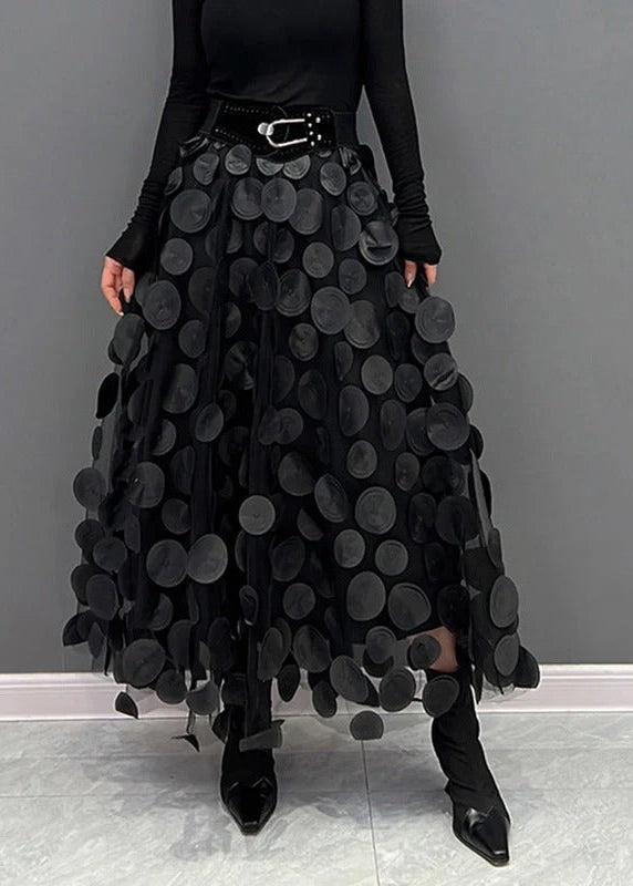 Womens tulle skirt with raised polka dots in Black, midi length, front view