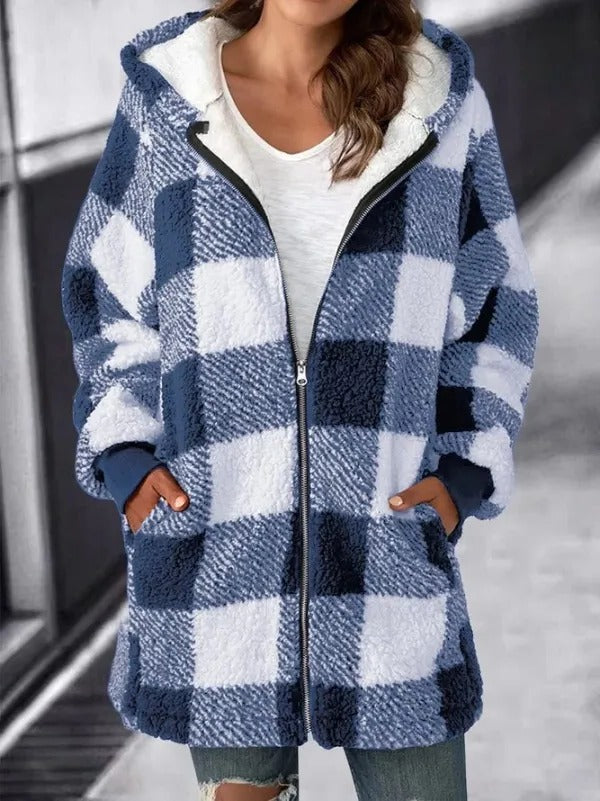 Womens plaid fleece jacket with hood in Blue, full zip, worn open over a white tee