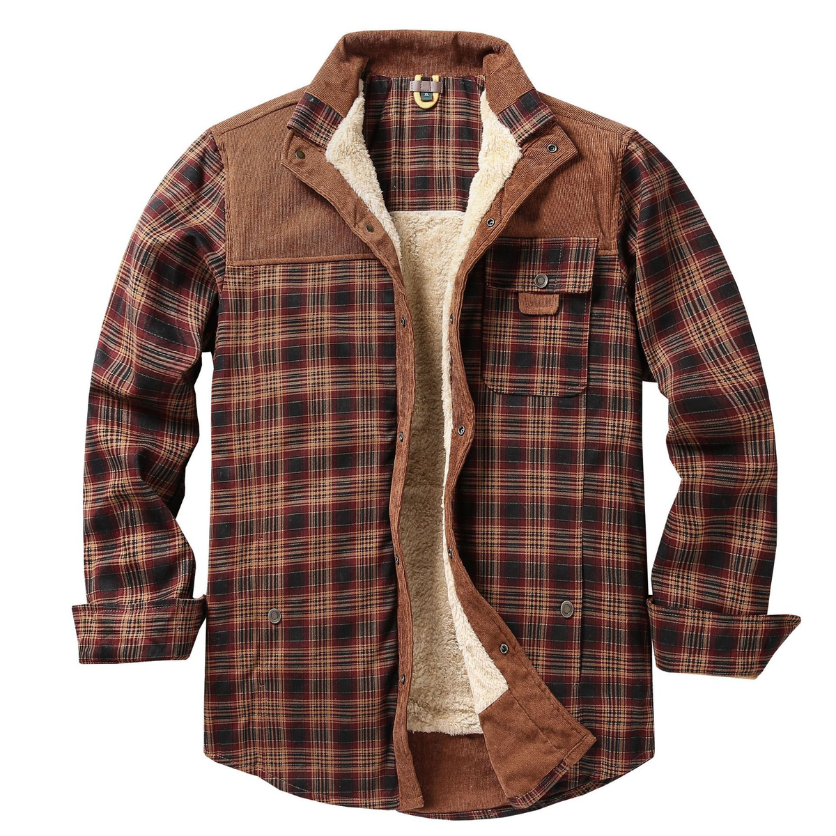 Mens plaid shirt jacket in Rust Plaid, open front showing the sherpa lining