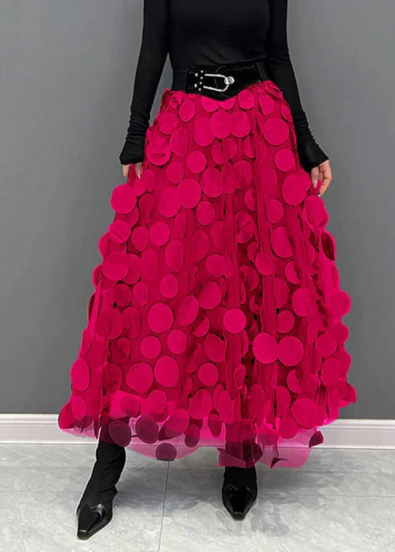 Womens tulle skirt with raised polka dots in Hot Pink, midi length, front view