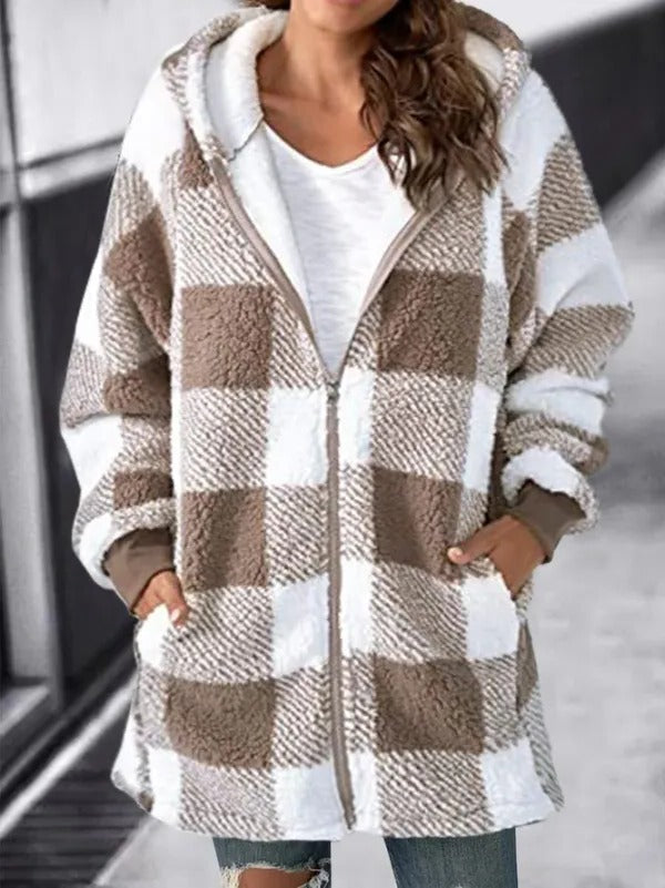 Womens plaid fleece jacket with hood in Khaki, full zip, worn open over a white tee