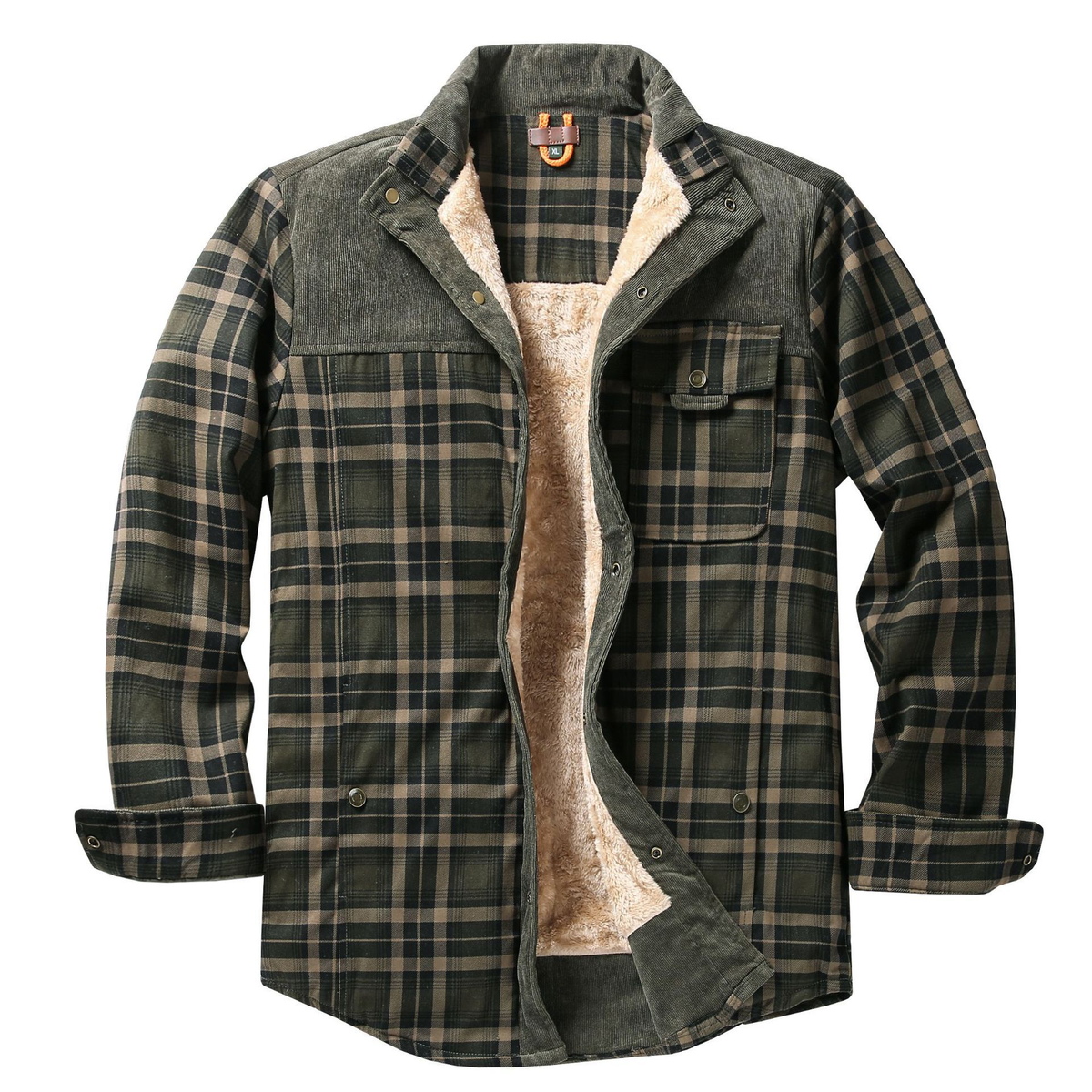 Mens plaid shirt jacket in Green Plaid, open front showing the sherpa lining