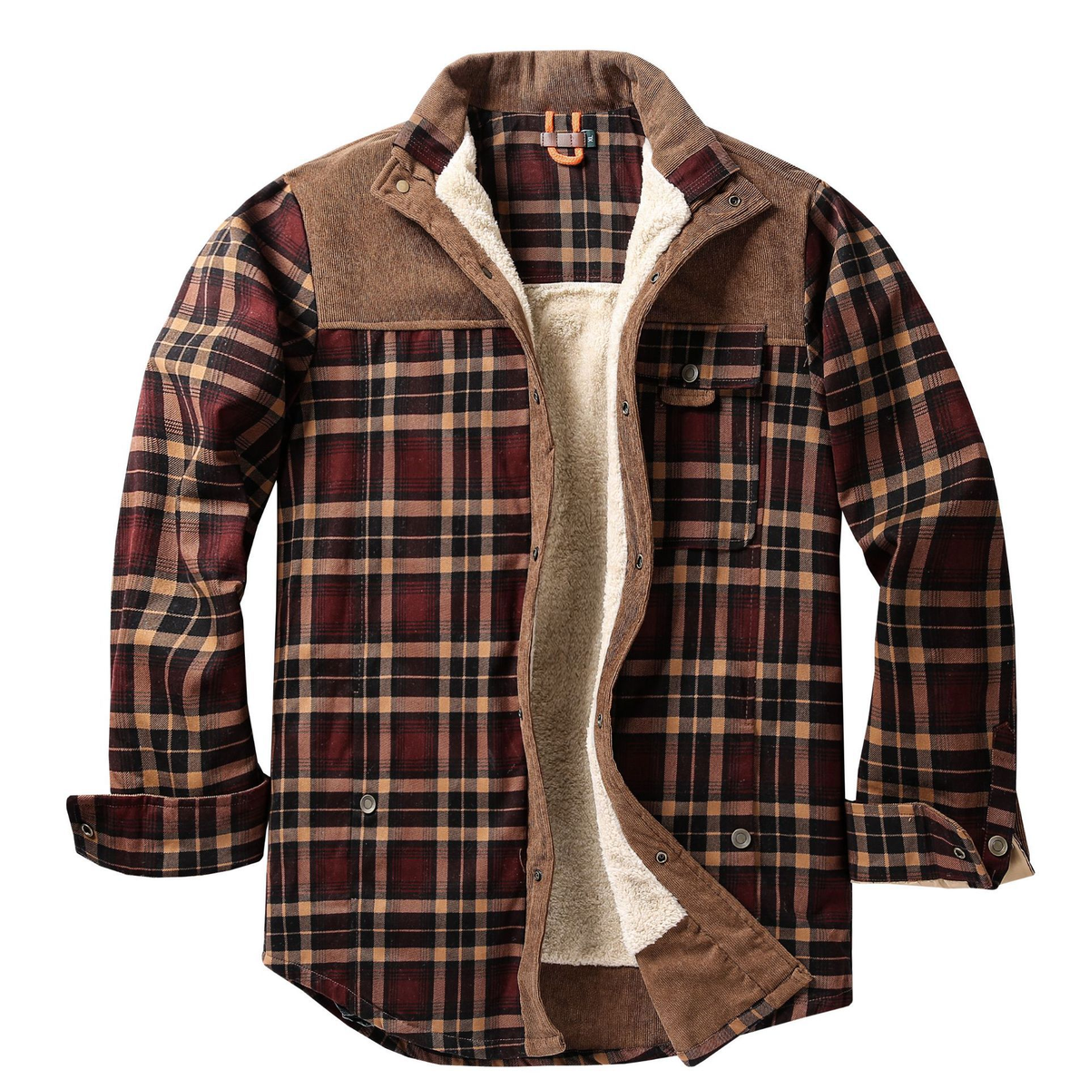 Mens plaid shirt jacket in Burgundy Plaid, open front showing the sherpa lining