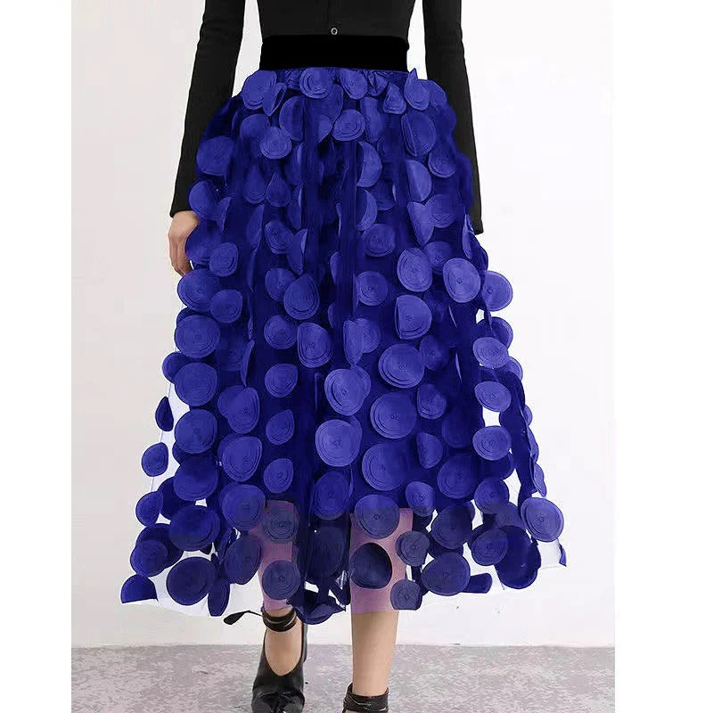Womens tulle skirt with raised polka dots in Blue, midi length, front view