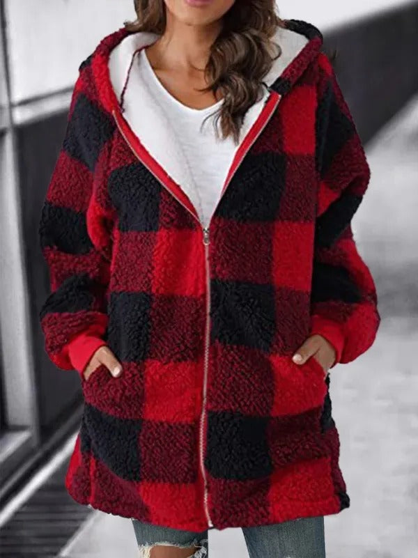 Womens plaid fleece jacket with hood in Red, full zip, worn open over a white tee