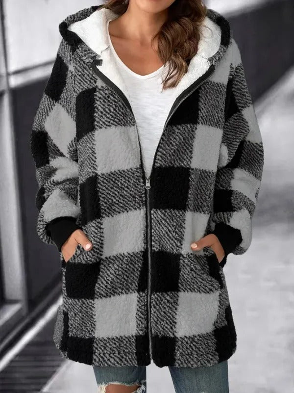 Womens plaid fleece jacket with hood in Gray, full zip, worn open over a white tee