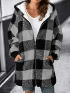 Womens plaid fleece jacket with hood in Gray, full zip, worn open over a white tee