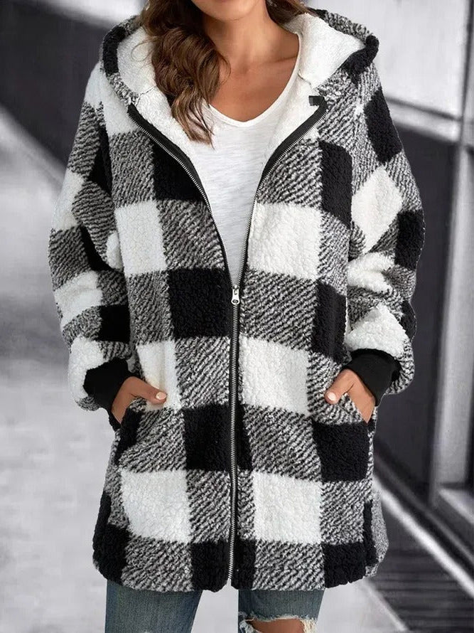 Womens plaid fleece jacket with hood in Black, full zip, worn open over a white tee