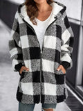 Womens plaid fleece jacket with hood in Black, full zip, worn open over a white tee