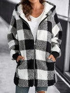 Womens plaid fleece jacket with hood in Black, full zip, worn open over a white tee
