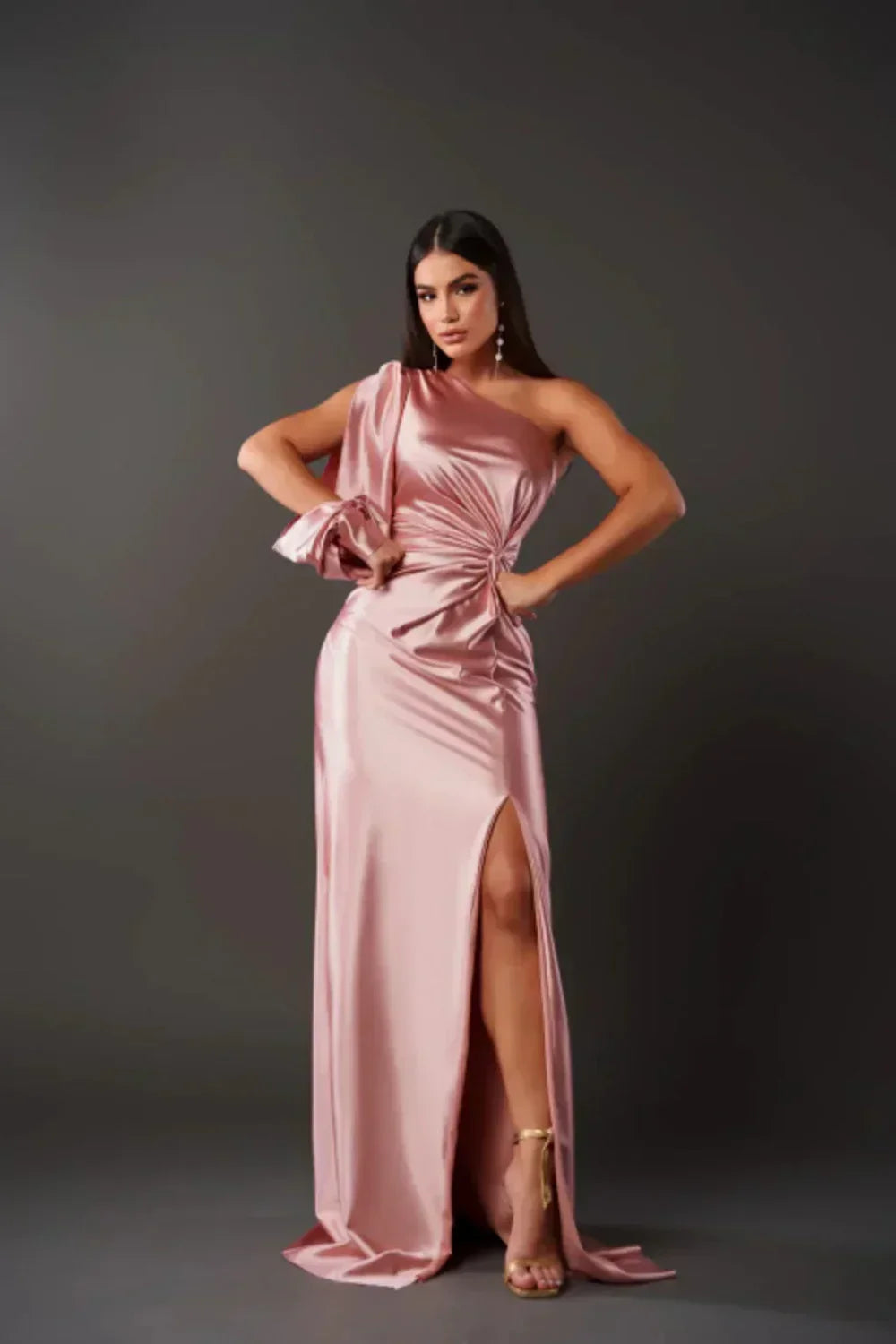 Womens one shoulder dress in Pink, satin maxi with split sleeve, front view