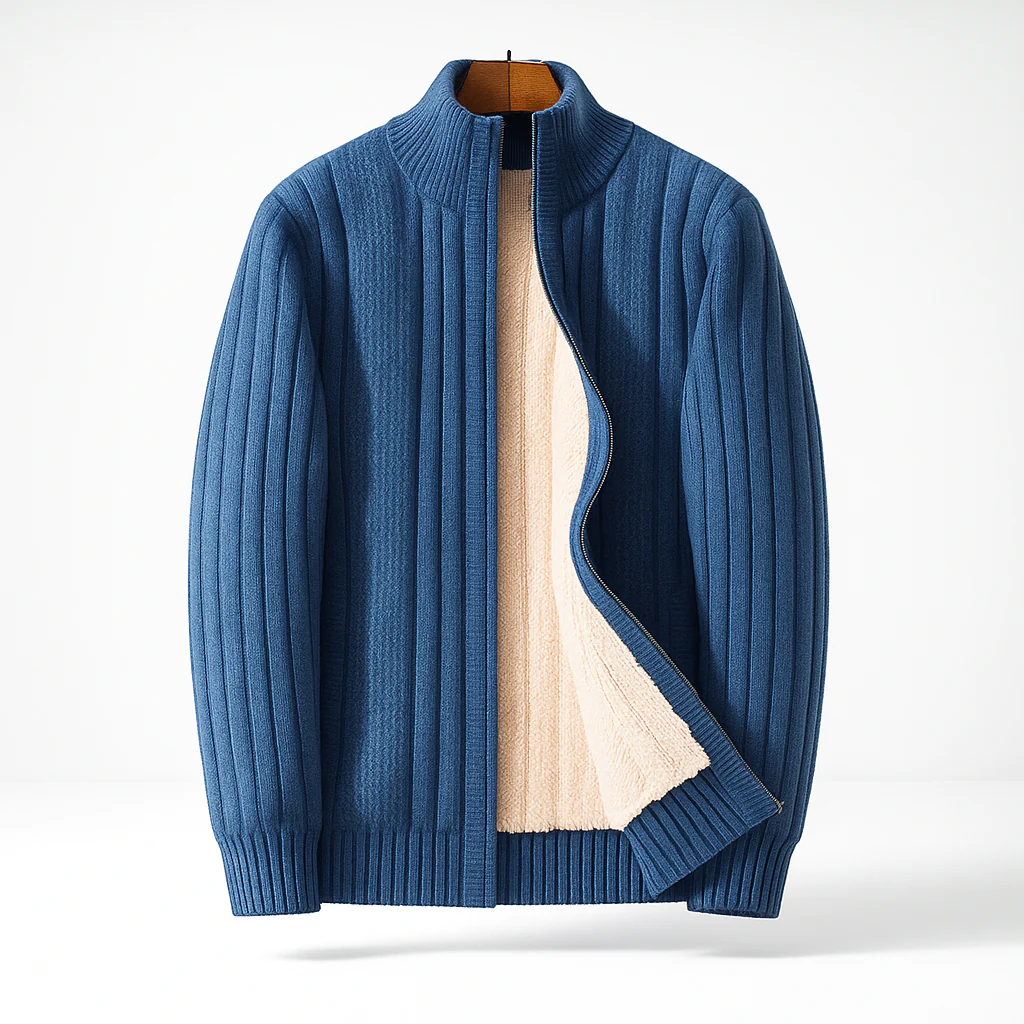 Mens zip cardigan in Blue, open to show the fleece lining