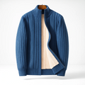 Mens zip cardigan in Blue, open to show the fleece lining