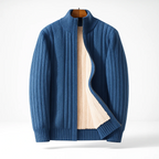 Mens zip cardigan in Blue, open to show the fleece lining