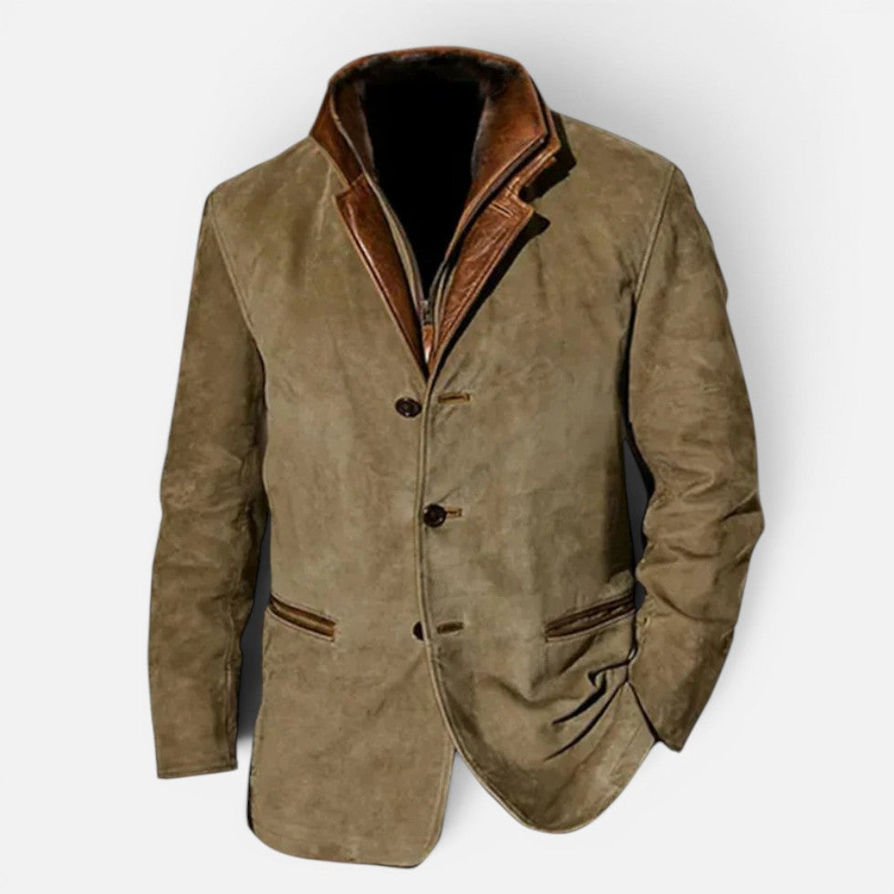 Casual blazer for men with a leather trim collar in khaki