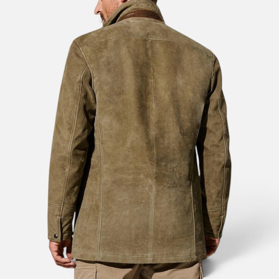 Casual blazer for men with a leather trim collar, back view showing the straight fit through the body