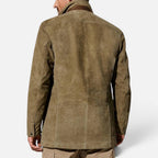 Casual blazer for men with a leather trim collar, back view showing the straight fit through the body
