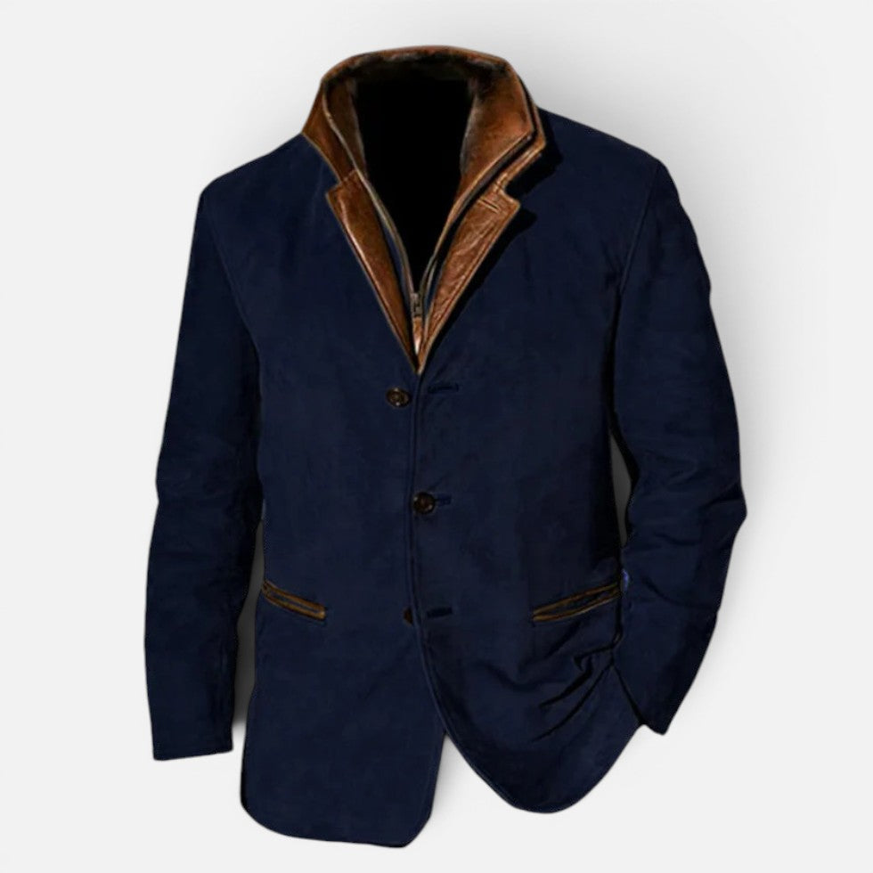 Casual blazer for men with a leather trim collar in navy